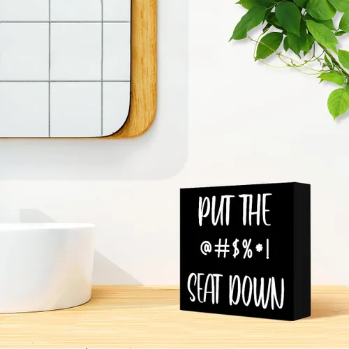 Vista 7 de LVQHI Letrero de madera divertido con texto en inglés «Put The Seat Down Negro