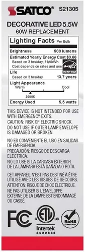 Vista 6 de Satco S21305 5.5CA10/LED/930/CL/120V/E12 (6 bombillas LED)