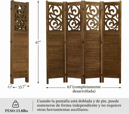 Vista 8 de Svimi Divisor de Habitación Plegable, 5.6 Pies 4 Paneles de Madera Tallada Pantallas de Privacidad, Pre-ensamblado Independiente Portátil Reversible