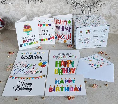 Vista 6 de 100 tarjetas de feliz cumpleaños a granel, surtido grande de 5 x 7 pulgadas, con sobres, calcomanías y saludos simples en el interior para oficina