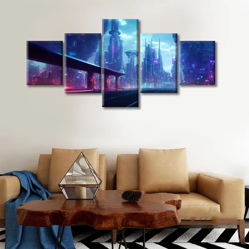 Vista 356 de Cuadros de 5 paneles de Cyberpunk City, arte de pared, representación de vallas publicitarias, edificios modernos en la capital con obras de arte