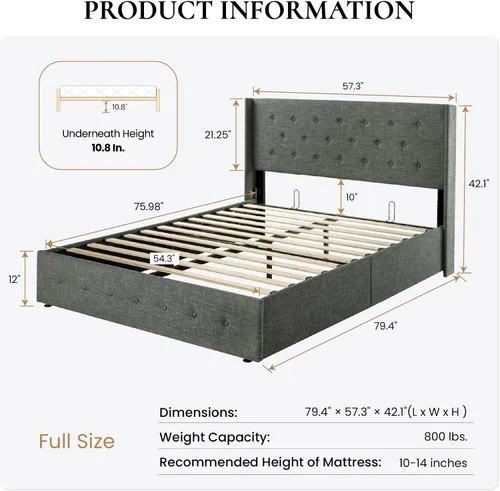 Vista 2 de SHA CERLIN Base de cama de tamaño completo con almacenamiento abatible, cabecera abombada con botón acolchado, plataforma tapizada, almacenamiento