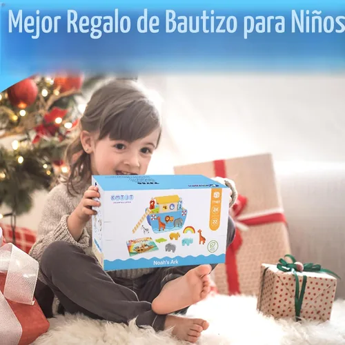 Vista 6 de KMTJT Juego de animales de juguete de madera del arca de Noé para niños pequeños, regalos de bautismo para niños de 1, 2, 3, clasificador de formas