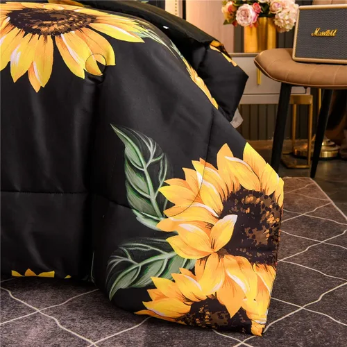 Vista 4 de NTBED Juego de edredón de girasoles negros, tamaño Queen, color amarillo, floral, botánico, edredón de microfibra de 3 piezas para niñas