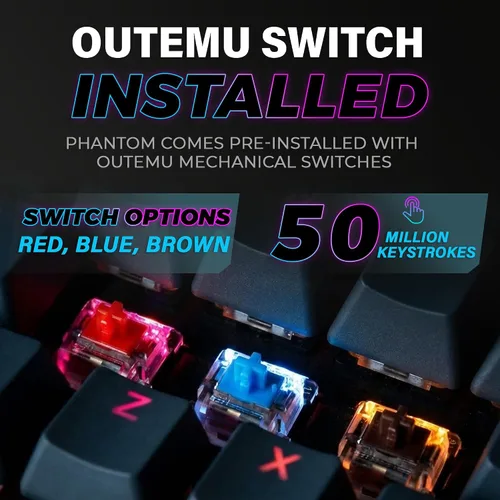 Vista 4 de TECWARE Teclado mecánico para juegos Phantom de 87 teclas RGB Interruptor rojo Outemu Iluminación LED de color de 16.8 M 18 preestablecidos Baja