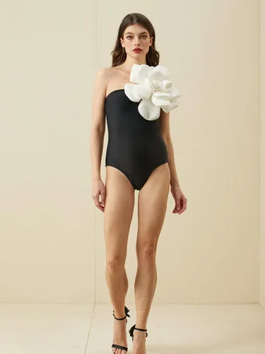 Vista 3 de FLAXMAKER Traje de baño y pareo de una pieza con estampado animal de flores 3D de un hombro