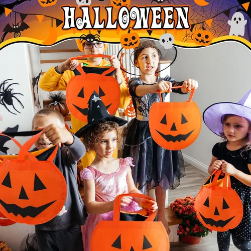 Vista 5 de 24 bolsas de calabaza de Halloween de 11.8 x 9.8 pulgadas, no tejidas, bolsas de truco o trato, cara de calabaza, caramelos, bolsa de regalo