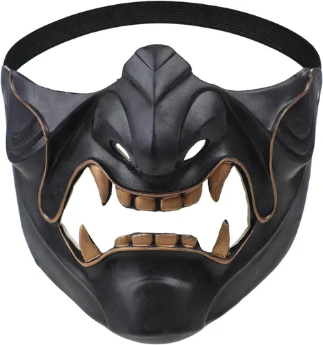 Vista 5 de OhMill Samurai Oni - Máscaras de media cara Airsoft Kabuki, máscaras de colmillos de demonio, máscaras para Halloween, juego de guerra de Cs