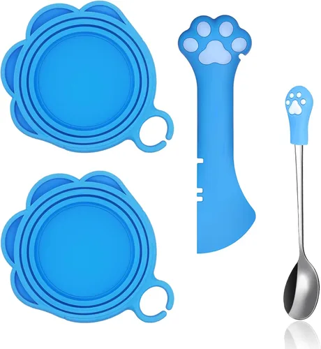 Vista 18 de SJANE Cucharas y tapas de latas de comida para gatos 4 piezas Abridor colorido multifunción con forma de pata Fundas universales de silicona