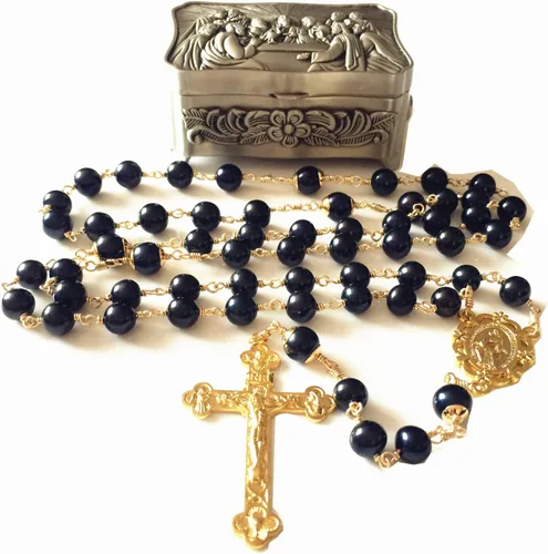 Vista 5 de elegantmedical Negro AAA+0.394 in Perlas Reales Cuentas Oro ROSARIO CRUZ Collar y caja REGALOS Católicos, Cobre Perla