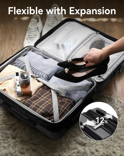 Vista 5 de LUGGEX Maleta de mano con bolsillo frontal, maleta rígida de policarbonato expandible con puerto USB, Negro -, Maleta de mano