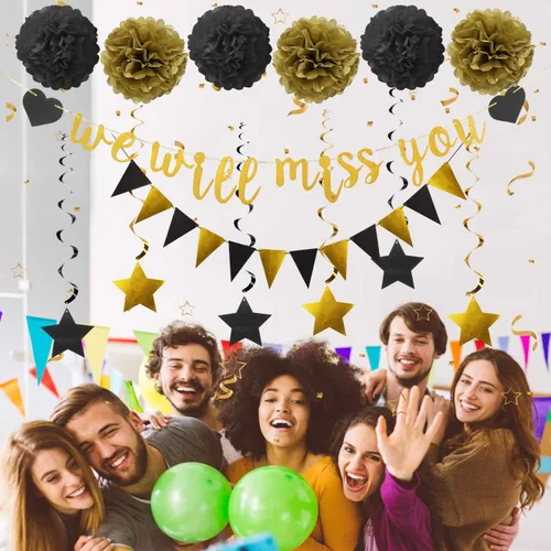 Vista 5 de Kit de suministros de decoración de fiesta de despedida – 14 piezas – Bandera de Te Extrañaremos, Bandera triangular, 6 espirales de estrella, 6