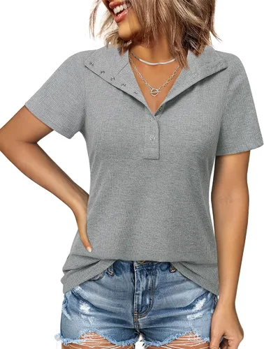 Vista 4 de MCKOL Blusa de manga corta con cremallera y ajuste holgado para mujer, estilo casual, con cuello