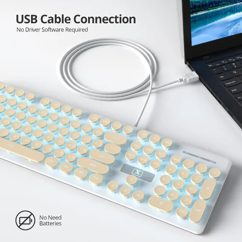Vista 2 de Teclado de máquina de escribir retro con cable, teclado silencioso de computadora iluminado con 104 teclas redondas de tamaño completo, Azul
