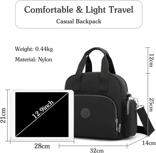 Vista 3 de PORRASSO Mochila para mujer, bolso de hombro multifuncional con puerto de carga USB, bolso cruzado de nailon para trabajo, viajes, citas, negro