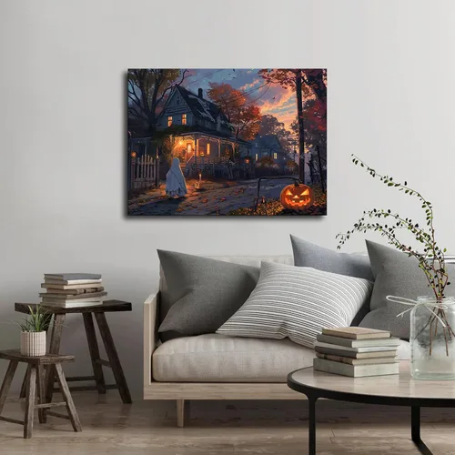 Vista 2 de chenmjj Póster de Halloween con imágenes de fantasmas aterradores y calabaza, póster pintado retro moderno para el hogar, dormitorio, habitación
