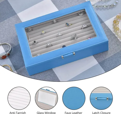 Vista 2 de Shop LC Caja de anillos azul turquesa organizador de joyas de piel sintética con cristal para anillo de exhibición, forro de deslustre