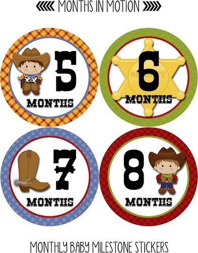 Vista 3 de Calcomanías mensuales para bebé, calcomanías de hitos mensuales, calcomanías del mes del bebé para niño, vaquero occidental, estilo 340