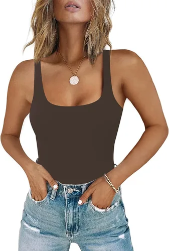 Vista 21 de Chunpin - Body sin mangas con cuello cuadrado para mujer, traje de leotardo, tanga, conjuntos de body A-Negro