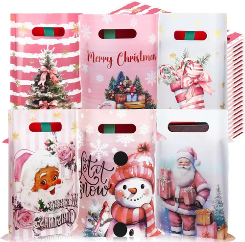 Vista 9 de Sinmoe 200 piezas bolsas de plástico de Navidad a granel, bolsa de regalo de mercancía de Navidad con asa de 9" x 12", reutilizable, bolsa
