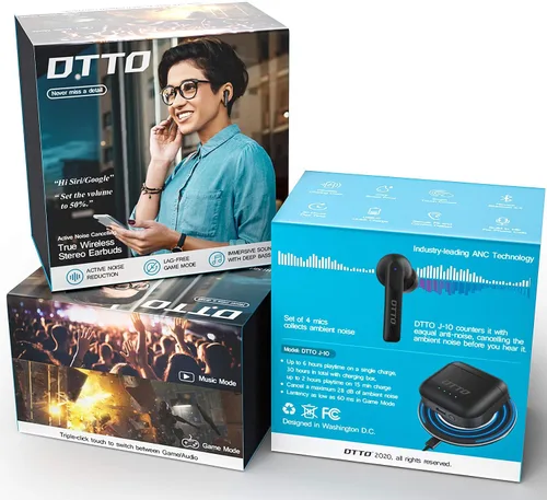Vista 9 de DTTO J-10 Auriculares con cancelación activa de ruido con modo de juego de baja latencia de 60 ms, estuche de carga inalámbrica Bluetooth 5.2