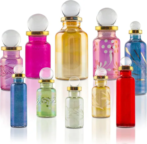 Vista 2 de Botellas de perfume egipcias, mini botellas de vidrio vacías para perfume, aceites esenciales o poción – Juego de 10 frascos pequeños decorativos