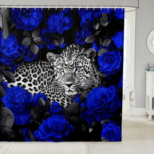 Vista 25 de Cortina de ducha con estampado de leopardo y gato con rosas rojas, 72 pulgadas de ancho x 72 pulgadas de largo, juego de cortina de ducha con flores