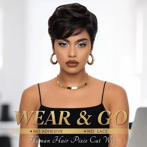 Vista 4 de RUWISS Peluca de cabello humano con corte Pixie, pelucas cortas para mujeres negras con flequillo, peluca natural en capas, sin pegamento, # 1B/30