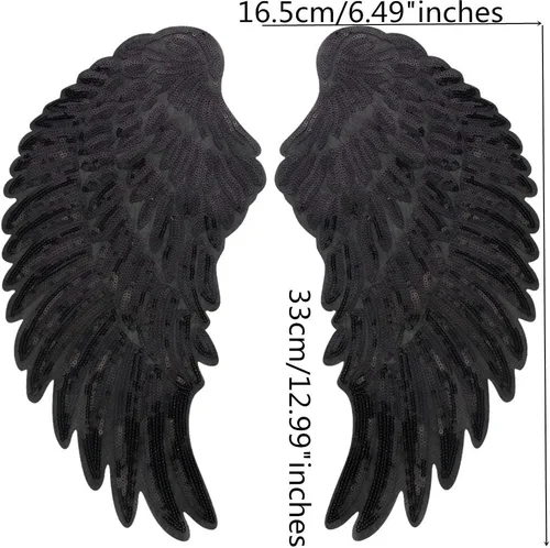 Vista 3 de 1 par de lentejuelas alas de ángel bordado DIY parches para planchar con motivos para decoración de ropa (negro)