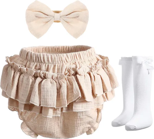 Vista 8 de Conjunto de bombachos y lazos de algodón para bebé recién nacida, pantalones cortos con volantes y diadema Café
