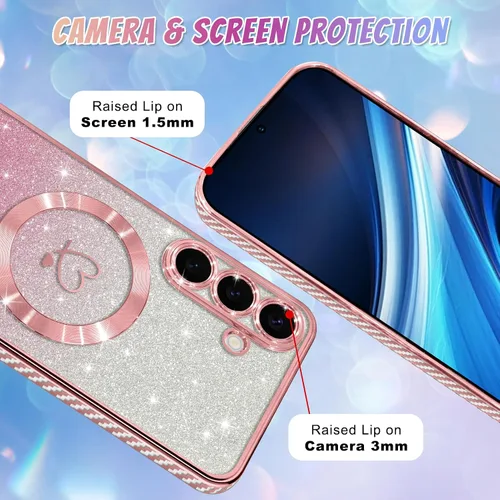 Vista 365 de Bonoma - Funda compatible con Samsung Galaxy S21 Plus, diseño de corazón con purpurina, color rosa Support for MagSafe, Plating Magnetic Case TPU