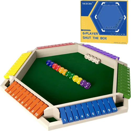 Vista 8 de Nicecho Juego de dados Shut The Box para 2 a 6 jugadores, mesa de madera con 16 dados, juegos clásicos de mesa para niños y adultos, familia, aula