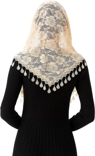 Vista 5 de PAMOR Mass Veil Triángulo Mantilla Catedral Cubierta Cabeza Capilla Velo Encaje Mantón Latino Bufanda
