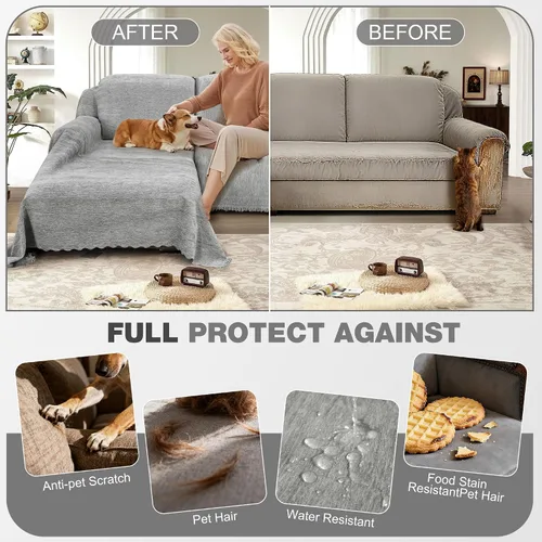 Vista 4 de juego de fundas 100% impermeables para sofá modular para perros de felpilla en forma de L, juego de manta para sofá con borlas, funda deslizante