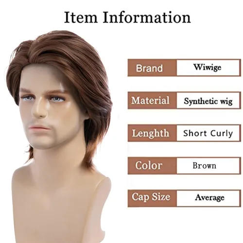 Vista 2 de Wiwige Peluca marrón para hombre, pelo corto, esponjoso, natural, sintético, Halloween, cosplay, fiesta, pelucas completas