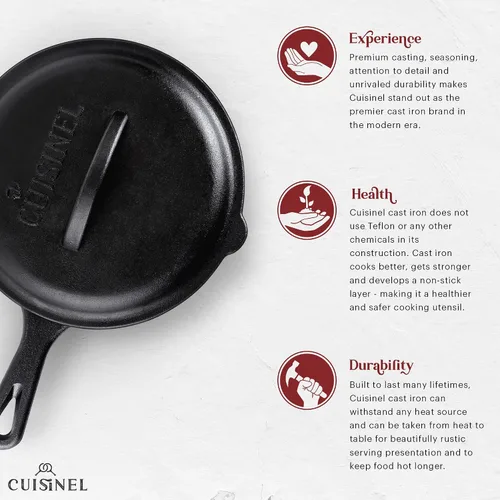 Vista 3 de Cuisinel Sartén de hierro fundido con tapa, juego de sartén cubierta pre-sazonada de 8 pulgadas + mango de silicona y soportes de tapa + Sartén +
