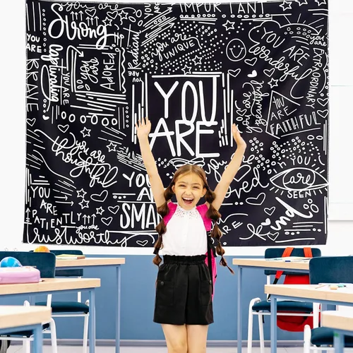 Vista 4 de KJHL Quote You Are - Tapiz de pared en blanco y negro inspiracional para aula, tapices infantiles para colgar en la pared, afirmaciones