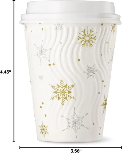 Vista 9 de Harvest Pack - Juego de 100 tazas de café desechables de Navidad de 12 onzas con tapas, tazas de papel caliente aisladas con copos de nieve blancos