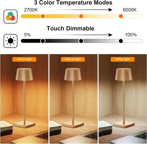 Vista 3 de Paquete de 2 lámparas de mesa inalámbricas, lámpara LED recargable inalámbrica de escritorio, minimalista, 6000 mAh, lámpara de batería, regulable