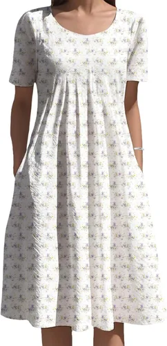 Vista 22 de Vestidos bohemios para mujer, estampado floral, manga corta, cuello redondo, talla grande, vestido de vacaciones con bolsillos para verano 2025