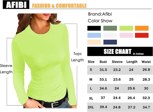 Vista 4 de Afibi Camiseta básica elástica de manga larga acanalada con cuello redondo para mujer