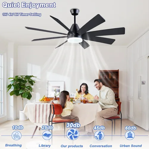 Vista 6 de Ventilador de techo iluminado de 62 pulgadas, negro, con control remoto, función de memoria completa, funcionamiento silencioso, ideal para garajes