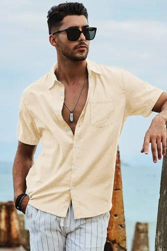 Vista 159 de JMIERR Camisas de vestir a rayas con botones y manga corta para hombre