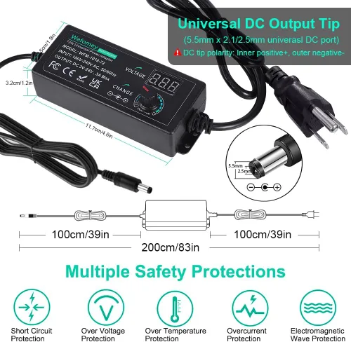 Vista 5 de Fuente de alimentación universal 3V-24V 3A 72W Adaptador de CA/CC ajustable Convertidor de CA a CC de 100V-240V con pantalla LCD, 14 puntas