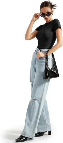 Vista 4 de SUUKSESS Camiseta básica ajustada de doble forro para mujer, cuello redondo, manga corta, Y2K