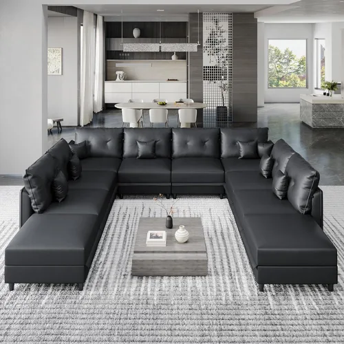 Vista 13 de LLappuil Sofá cama modular en forma de U de 6 plazas con almacenamiento, asiento profundo de piel sintética para sala de estar, impermeable y Negro