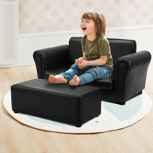 Vista 2 de INFANS Sofá infantil de 2 asientos con reposapiés, construcción de madera resistente, sillón con reposabrazos para niños en edad preescolar, sofá