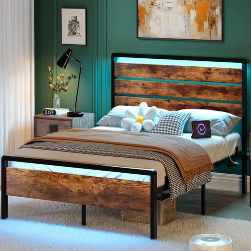 Vista 17 de VINGLI Base de cama de plataforma individual con cabecero y estribo LED, estación de carga USB, cama de panel de metal con espacio de almacenamiento