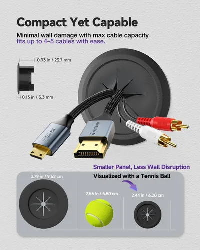 Vista 3 de VCELINK Kit de gestión de cables en pared, mini cable de pared de 2.44" (62 mm) para cables de TV/coaxial/HDMI/altavoces, incluye 2 pasos, soportes