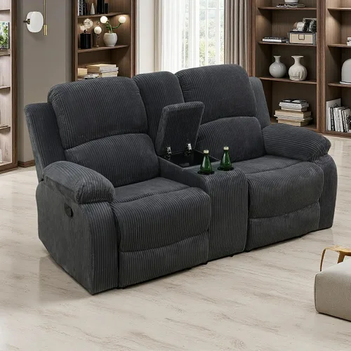 Vista 42 de Juego de Muebles para Sala de Estar, Juego de Sofá Reclinable Manual, Juegos de Sofás Reclinables de Cuero Beige con Mesa Desplegable, Sofá